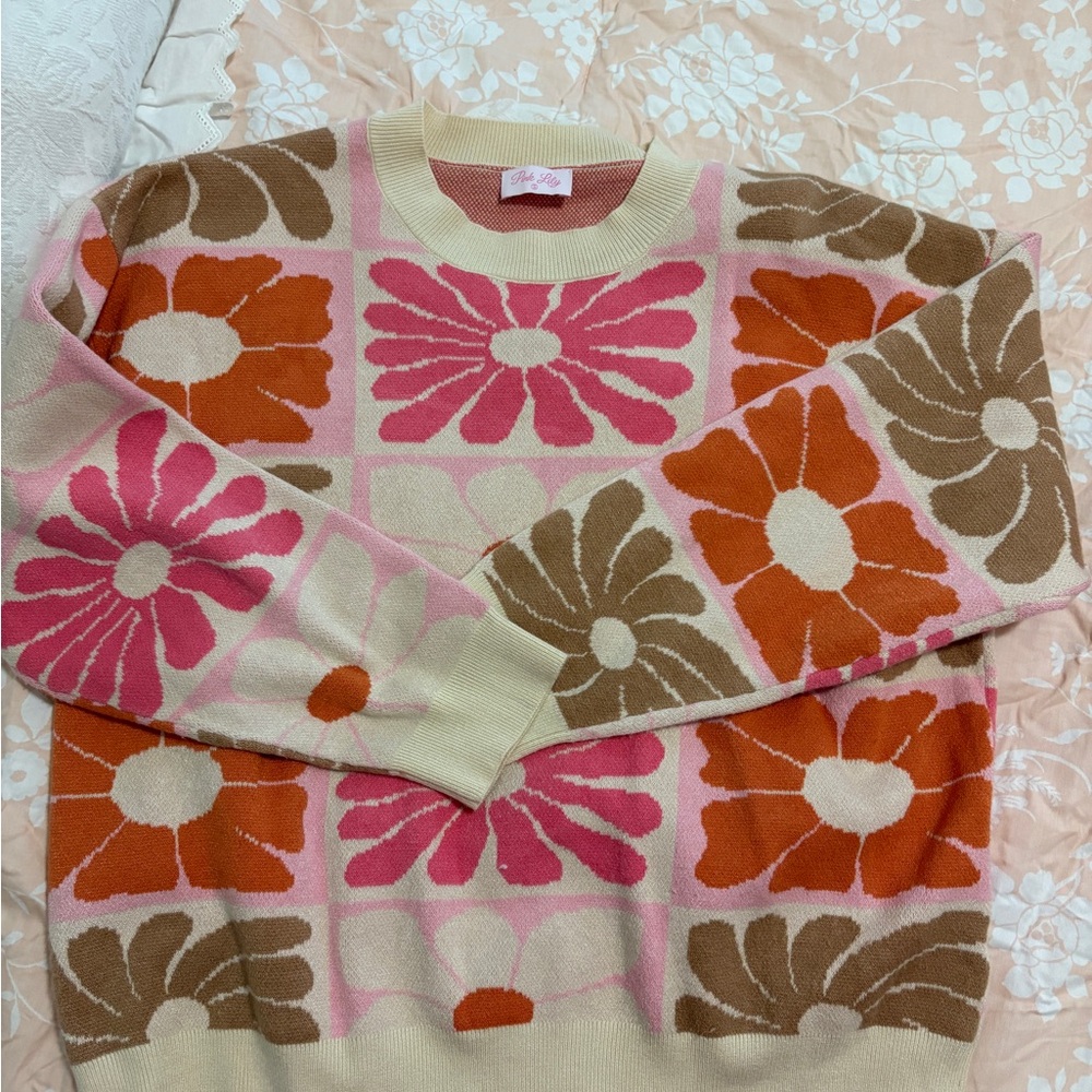 Pink Lily Floral Sweater - Pink, Orange, Brown